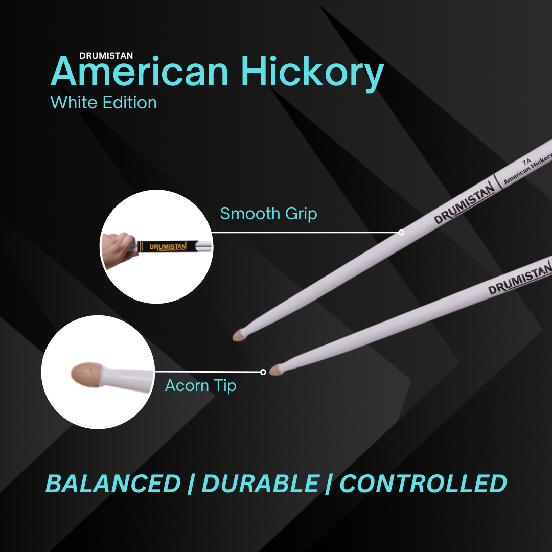 Vision American Hickory Straight Balance Acorn Tip Drumsticks White Colour
