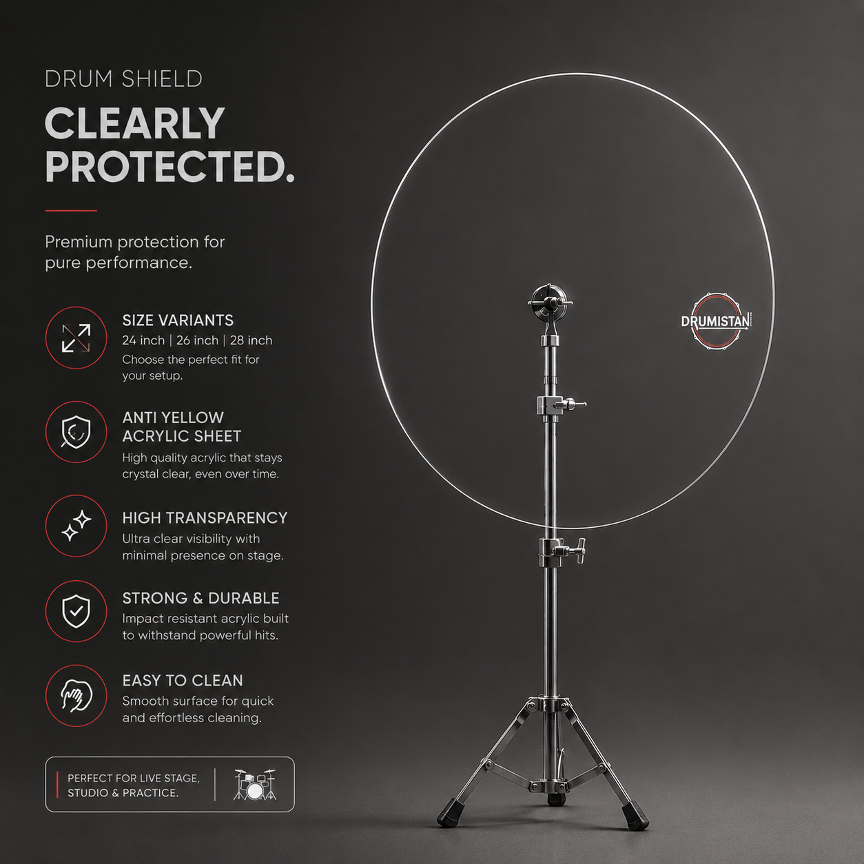 Professional Acrylic Round Drum Shield | Anti Yellow | Portable Drum Shield Baffle | Pack of 2