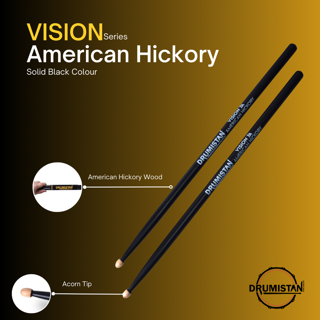 Vision American Hickory Drum Sticks - Black (Straight Balance, Acorn Tip)