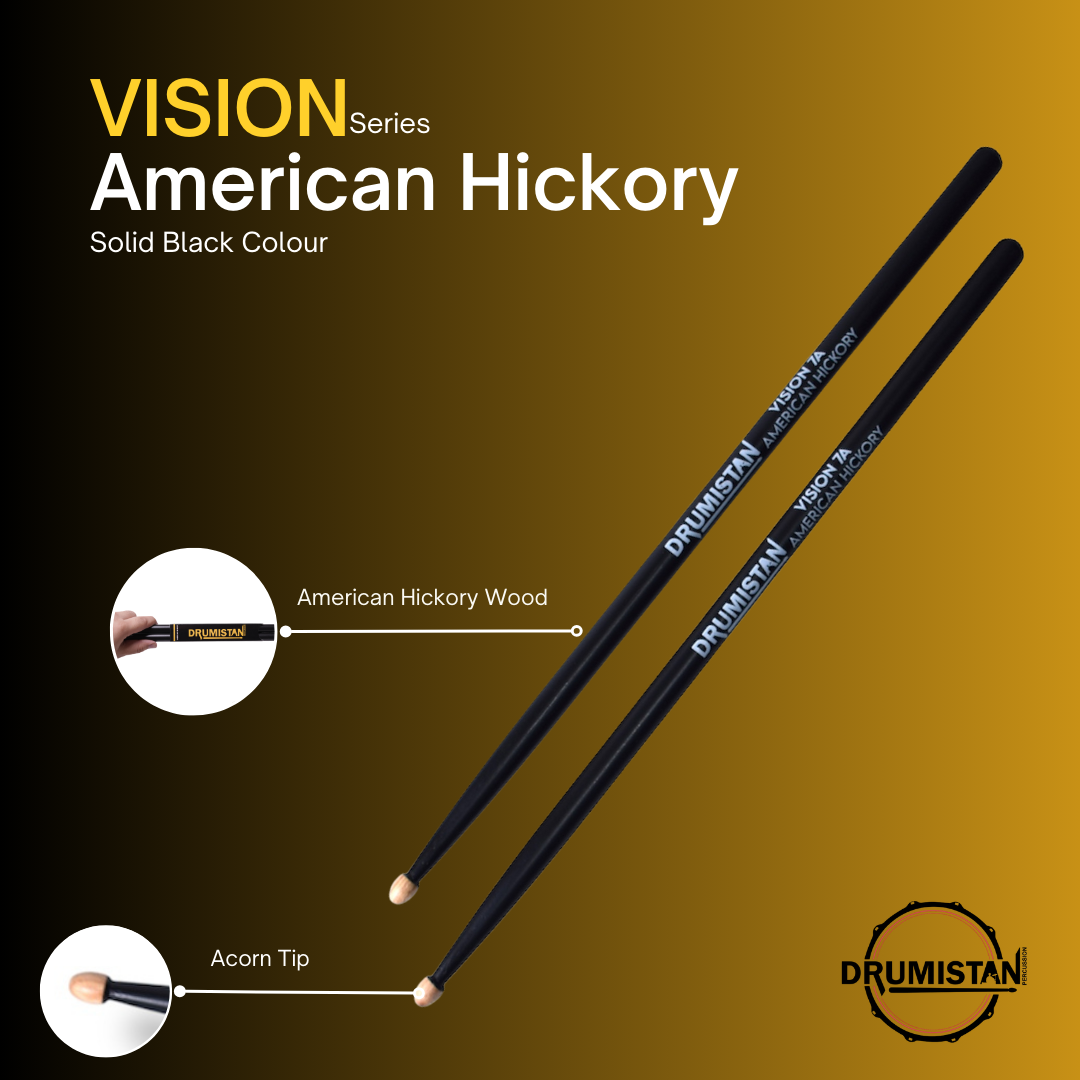 Vision American Hickory Drum Sticks - Black (Straight Balance, Acorn Tip)