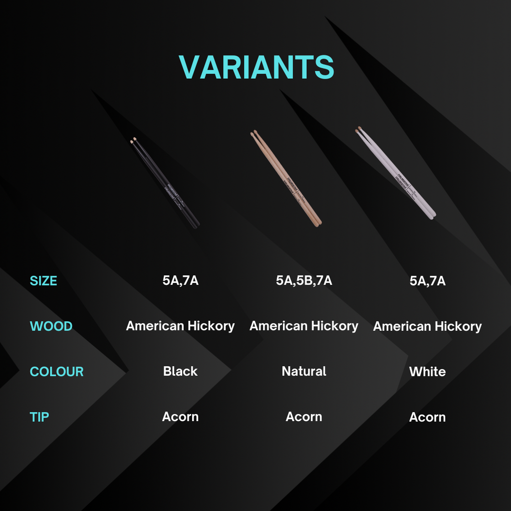 Vision American Hickory Straight Balance Acorn Tip Drumsticks White Colour