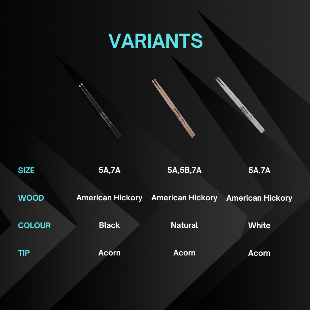 Vision American Hickory Straight Balance Acorn Tip Drumsticks White Colour